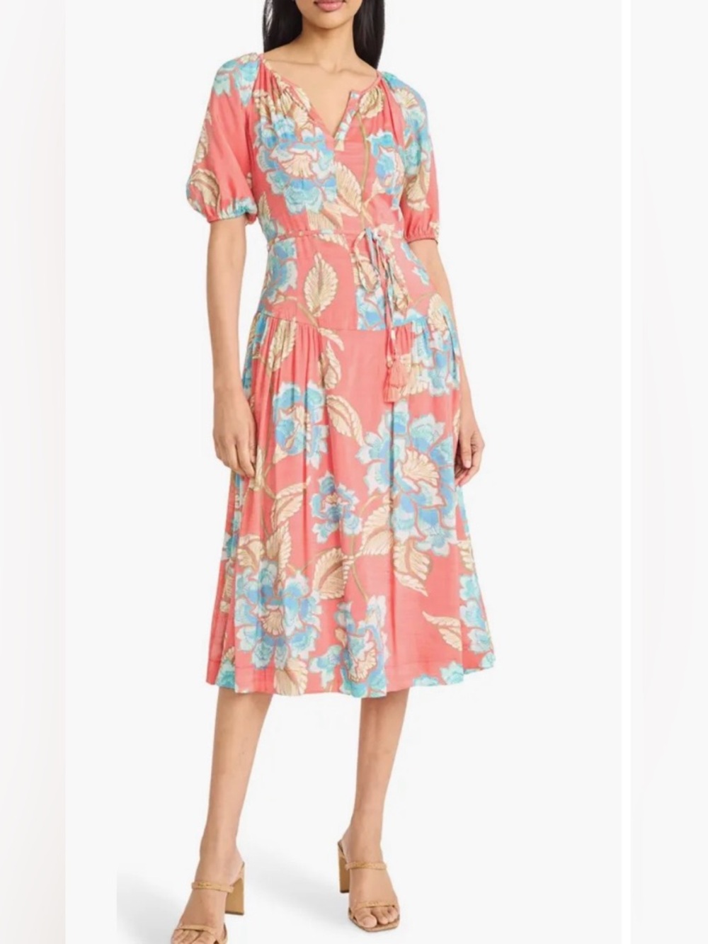 Coral Floral Tie-Waist Midi Dress - Women
